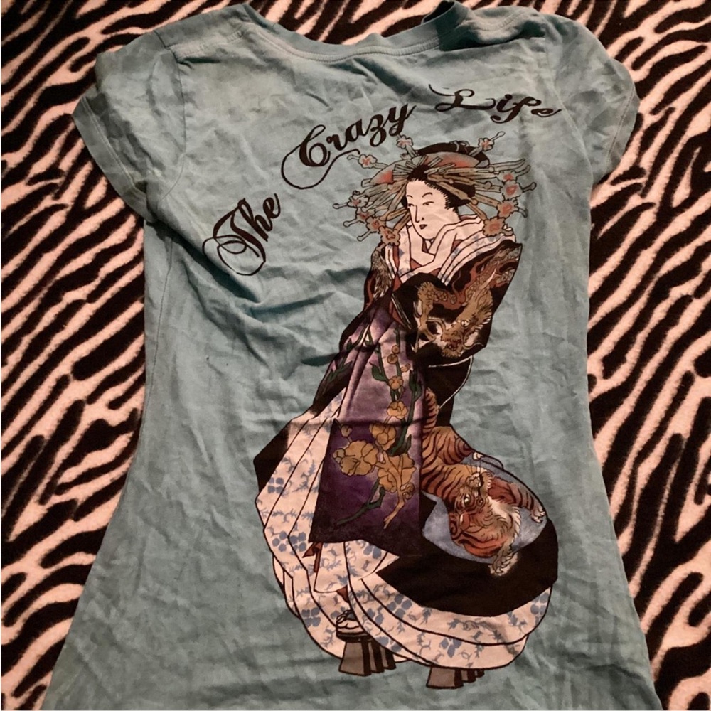 Ed Hardy Teal T-Shirt with Geisha and Tiger Design